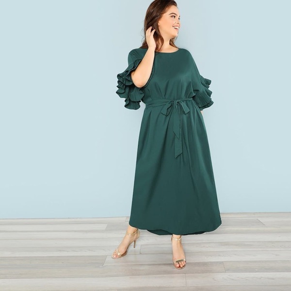 

Plus Pleated Ruffle Cuff Self Belted Dress, Green