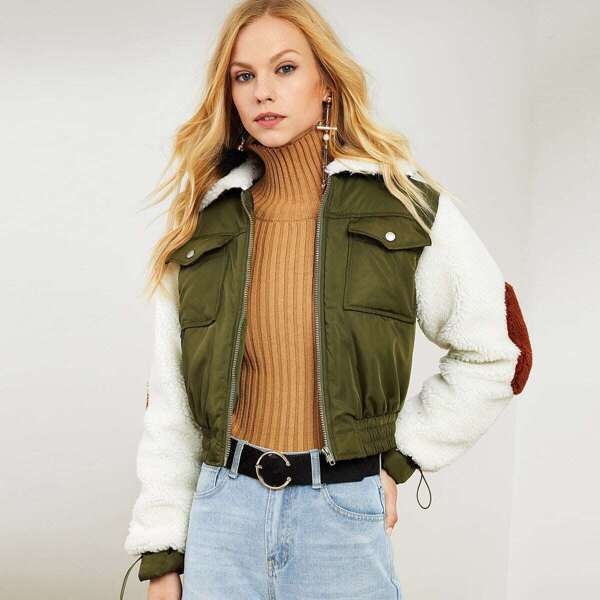 

Fleece Collar and Sleeve Puffer Jacket, Army green