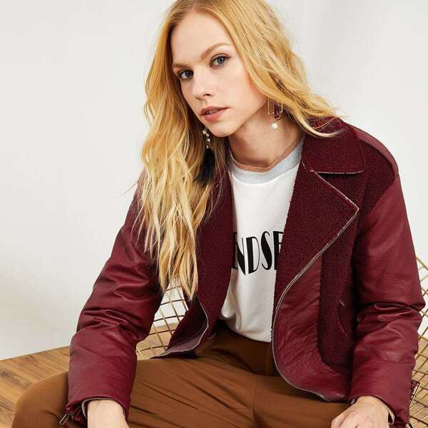 

Asymmetric Zip Placket Belted Faux Leather & Shearling Jacket