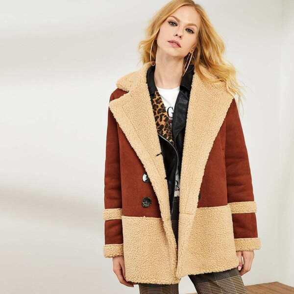 

Double Breasted Two Tone Faux Shearling Coat