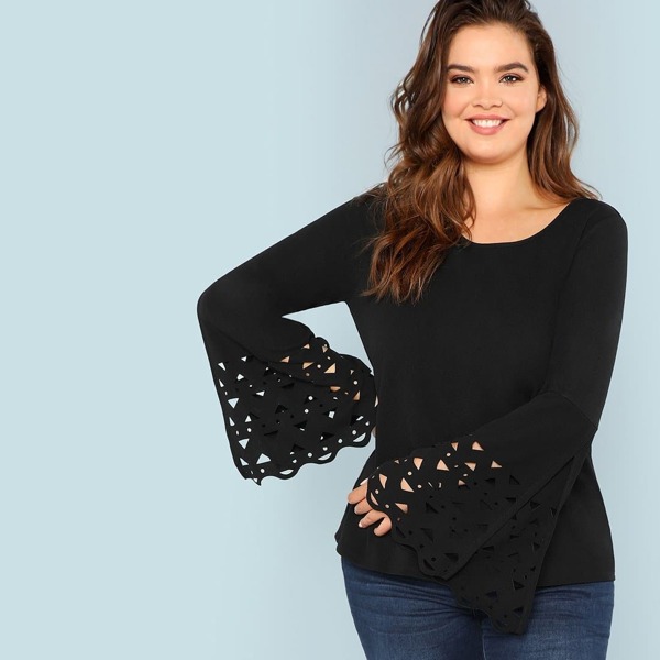 

Plus Cut Out Bell Sleeve Solid Tee, Black