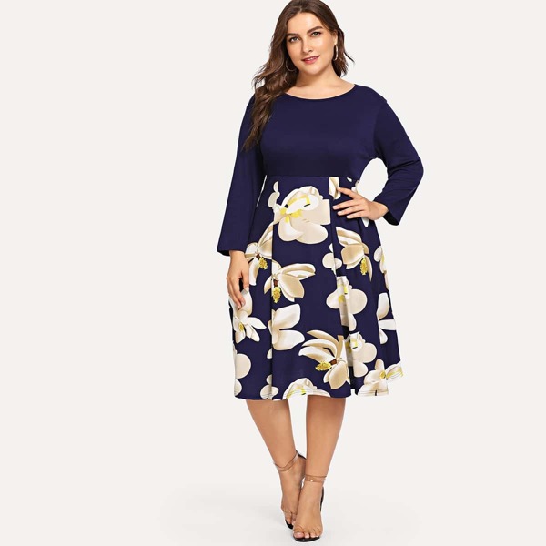 

Plus Floral Print Dress, Navy