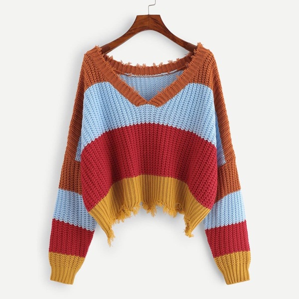 

Color Block Raw Hem Sweater, Multicolor