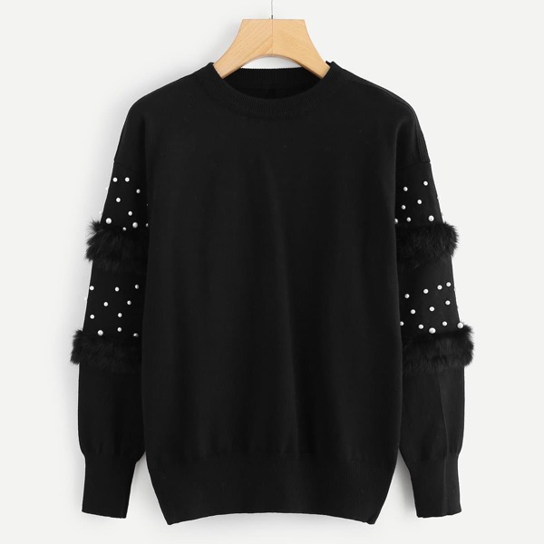 

Beaded Decoration Solid Sweater