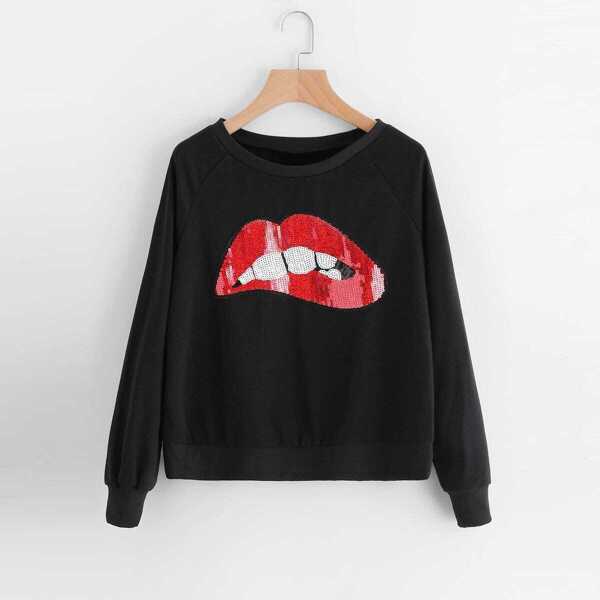 

Plus Lipstick Sequin Sweatshirt, Black
