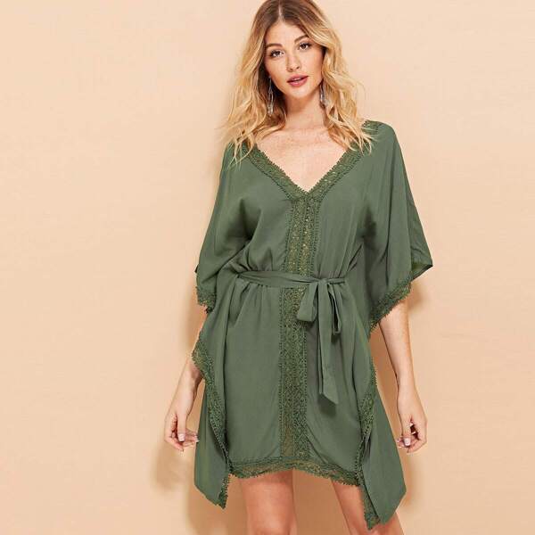 

Lace Contrast V-Neck Belted Dress