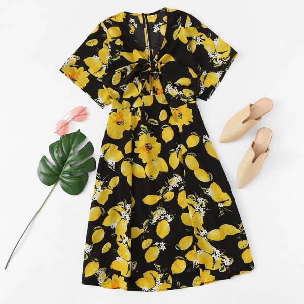 

Knot Front Slit Back Flower Print Dress