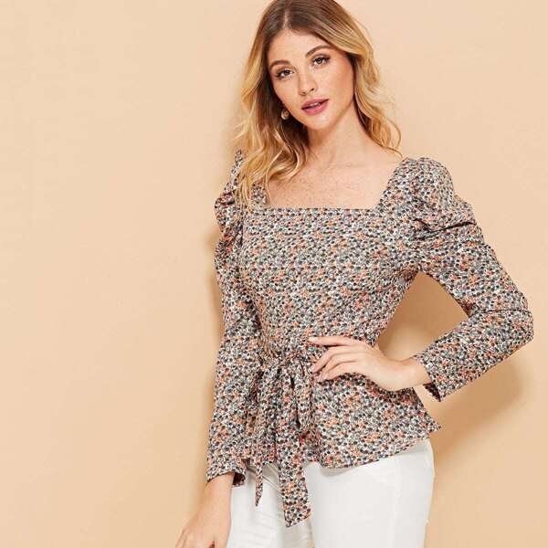 

Ditsy Floral Puff Sleeve Tie Waist Blouse, Multicolor