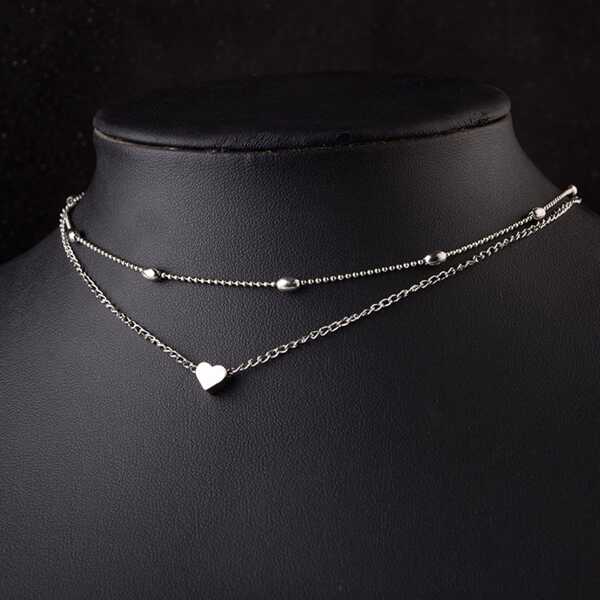 

Heart Detail Layered Chain Necklace, Silver
