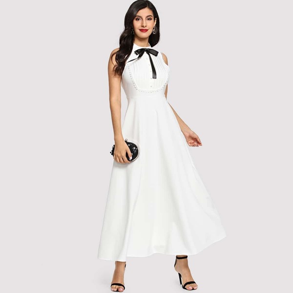 

Loop Trim Ribbon Bow Maxi Flare Dress, White