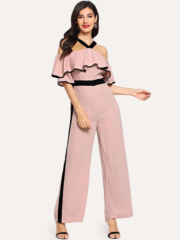 

Two Tone Halterneck Cold Shoulder Jumpsuit, Pink, Jeane