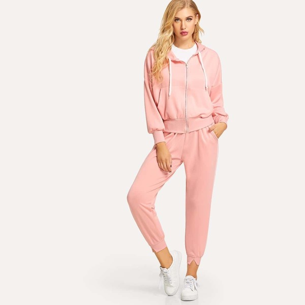 

Pocket Front Hooded Top & Contrast Stripe Pants, Pink