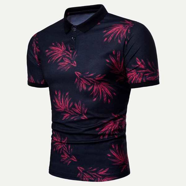

Men Leaf Print Polo Shirt, Navy