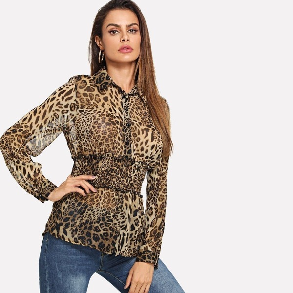 

Shirred Waist Leopard Blouse