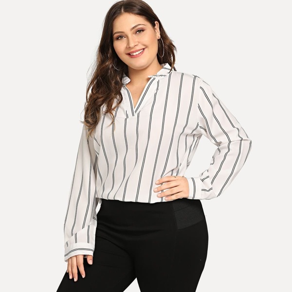 

Plus V Neck Striped Blouse