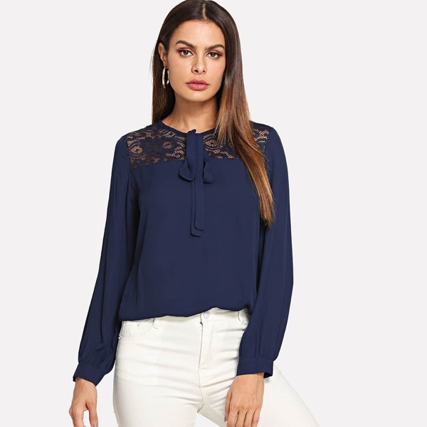 

Guipure Lace Yoke Tie Neck Top, Navy