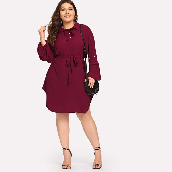 

Plus Beaded Curved Hem Shirt Dress