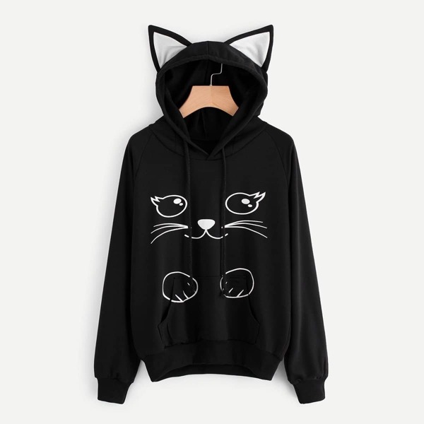

Plus Cat Print Drawstring Sweatshirt