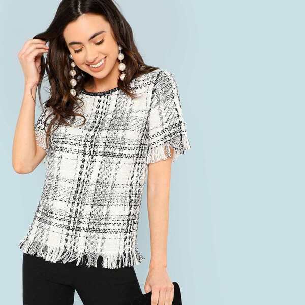 

Raw Hem Tweed Plaid Blouse