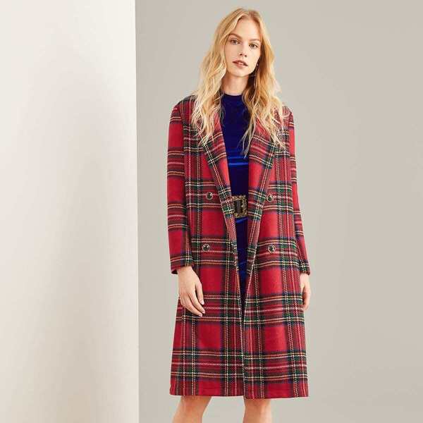 

Double Breasted Waterfall Plaid Longline Coat