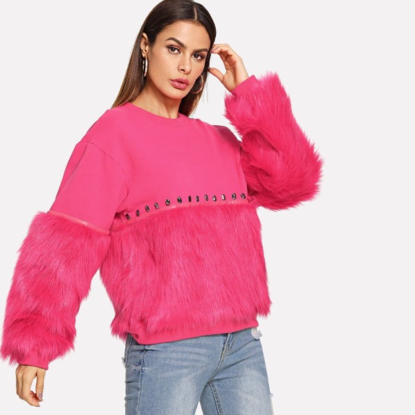 

Neon Pink Gem Beading Faux Fur Panel Sweatshirt, Pink bright