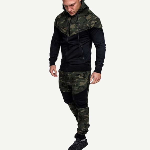 

Men Contrast Camo Hooded Jacket With Drawstring Pants, Multicolor