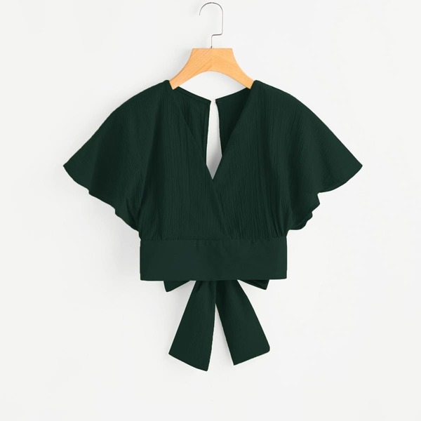 

Deep V-cut Keyhole Back Bow Tie Blouse, Dark green