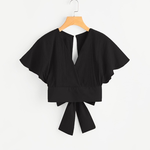 

Deep V-cut Keyhole Back Bow Tie Blouse, Black