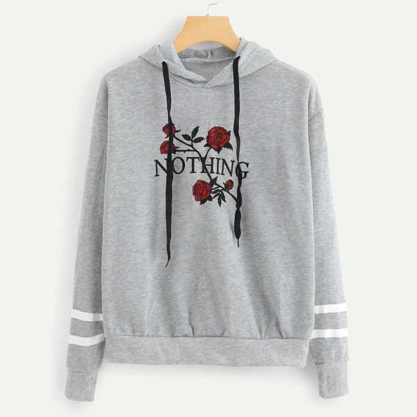 

Floral Print Striped Hoodie, Grey