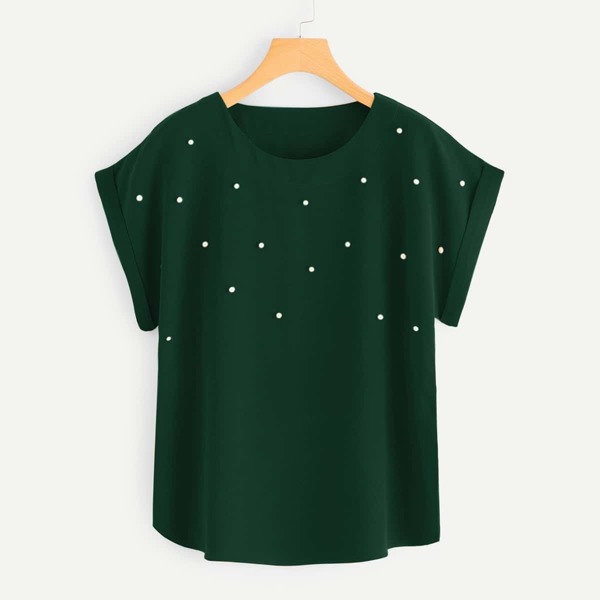 

Pearl Beaded Rolled Sleeve Blouse, Green