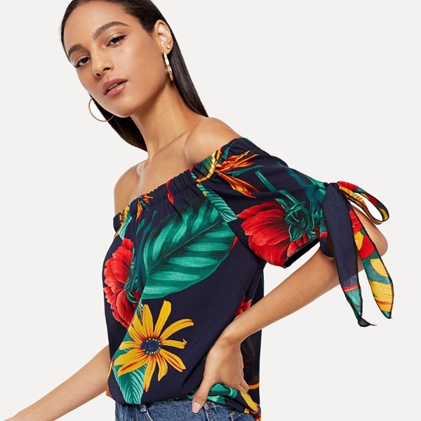 

Knot Sleeve Bardot Tropical Blouse