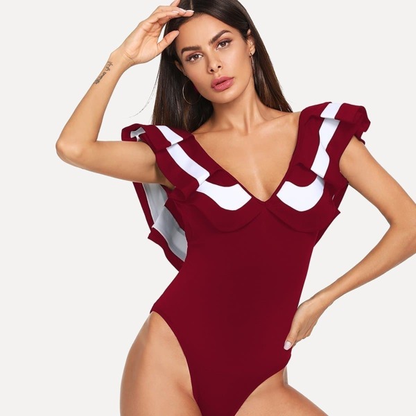 

Ruffle Trim Bodysuit, Burgundy