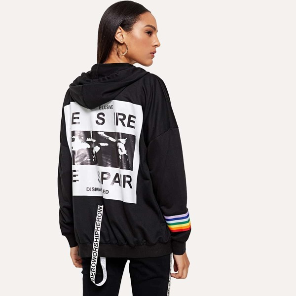 

Letter Print Hooded Jacket, Black