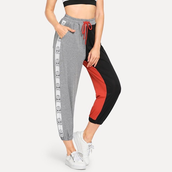 

Drawstring Waist Cartoon Print Side Colorblock Pants, Multicolor