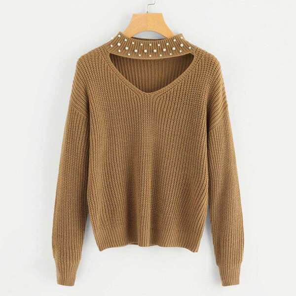 

Pearl Beaded Choker Neck Sweater