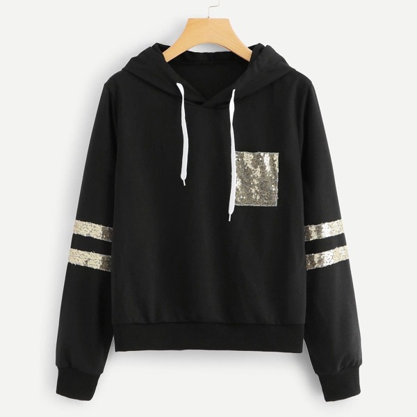 

Contrast Sequin Hooded Sweatshirt, Black