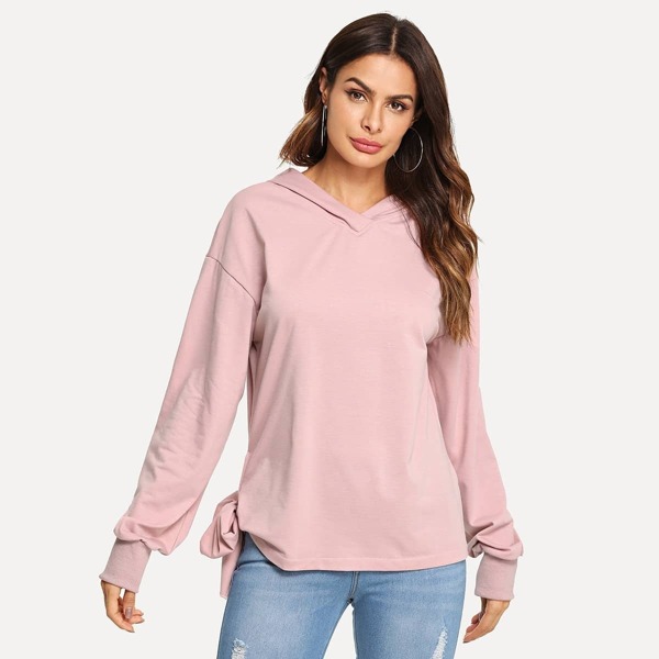 

Knot Side Solid Hooded Sweatshirt, Pink