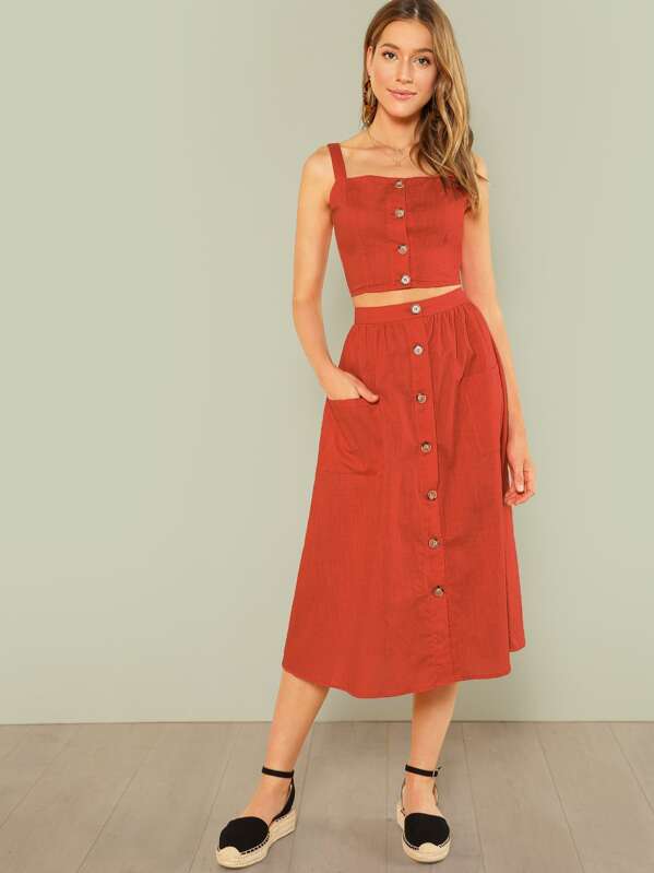 

Кнопка Up Crop Cami Top & Flare Skirt Set, Kaitlin Larsen