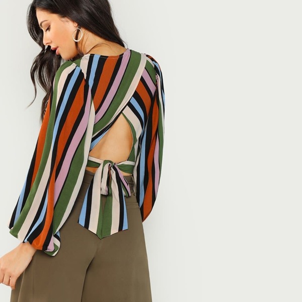 

Striped Bishop Sleeve Blouse, Multicolor