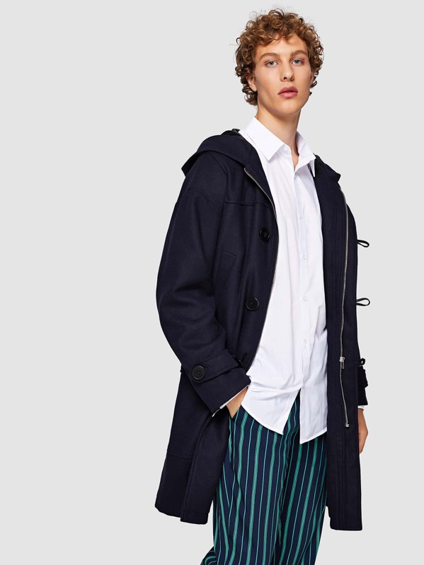 

Men Self Belted Longline Coat, Navy, Kristian