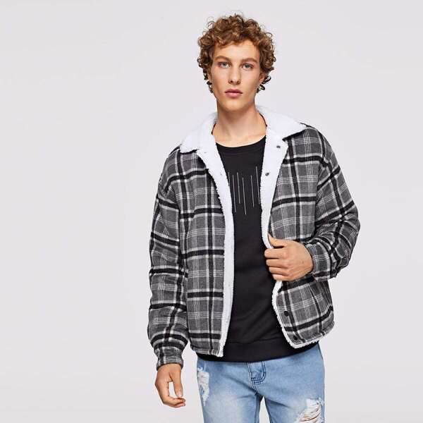 

Men Faux Shearling Plaid Jacket, Black and white