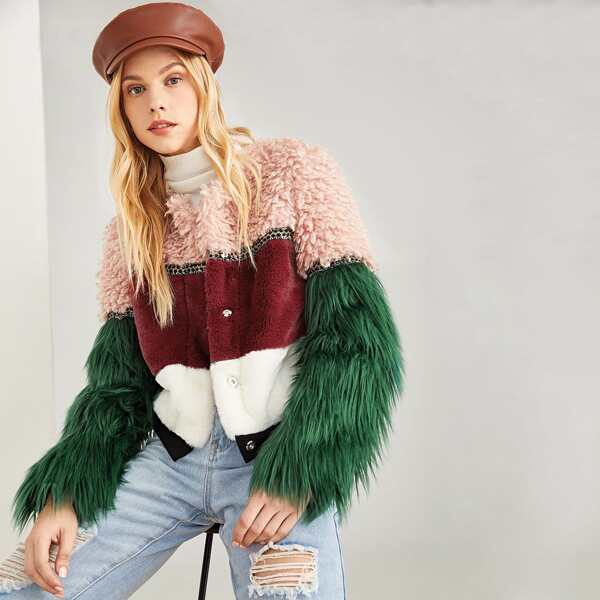 

Zip Up Color Block Faux Fur Teddy Coat, Multicolor