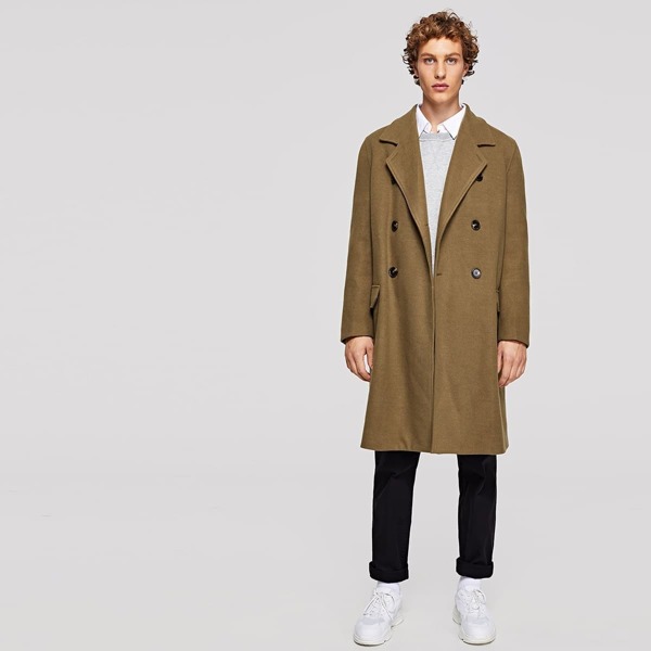 

Men Double Button Notched Neck Tunic Coat, Brown