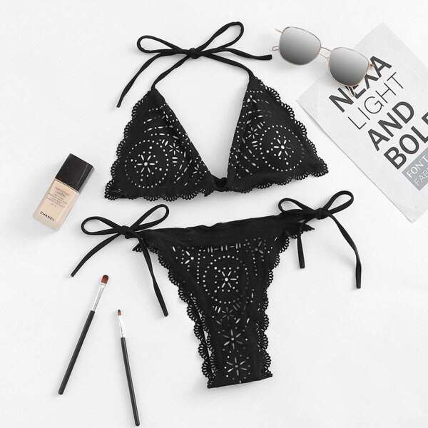 

Hollow-out Scalloped Trim Top With Tie Side Bikini