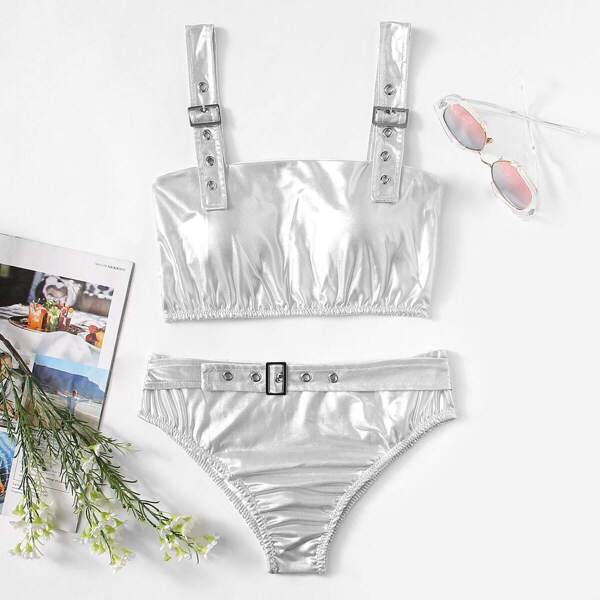 

Eyelet Buckle Metallic Bikini Set, Grey