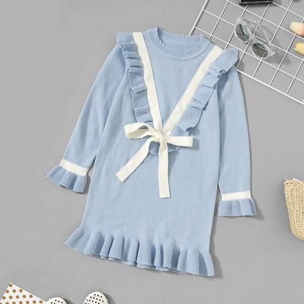 

Toddler Girls Knot Detail Ruffle Hem Sweater Dress, Blue