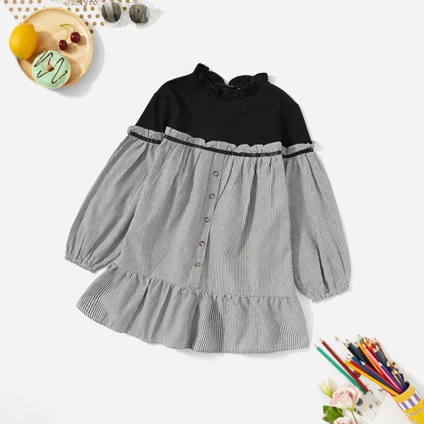 

Girls Frill Trim Striped Dress, Black and white