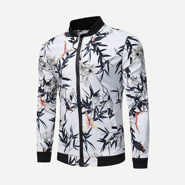 

Men Bird And Bamboo Print Bomber Jacket, Multicolor