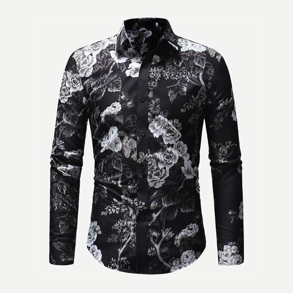 

Men Allover Floral Print Shirt, Black and white