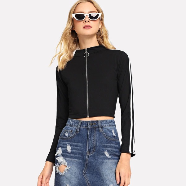 

Striped Tape Side Zip Up Tee, Black